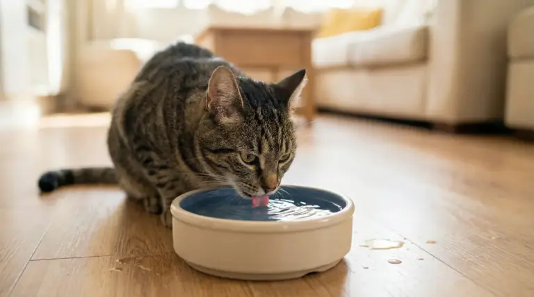 Gatto che beve da una ciotola d'acqua su un pavimento di legno in salotto