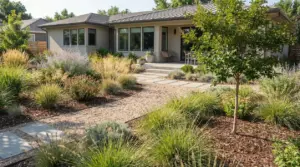 Giardino a bassa manutenzione con ghiaia, pacciamatura, graminacee e percorso in lastre davanti a una casa