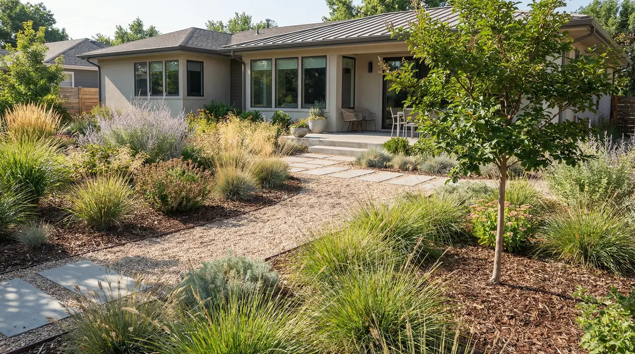 Giardino a bassa manutenzione con ghiaia, pacciamatura, graminacee e percorso in lastre davanti a una casa