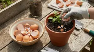 Mano con guanto aggiunge gusci d’uovo sminuzzati nel terriccio di un vaso con piantina su tavolo da giardinaggio