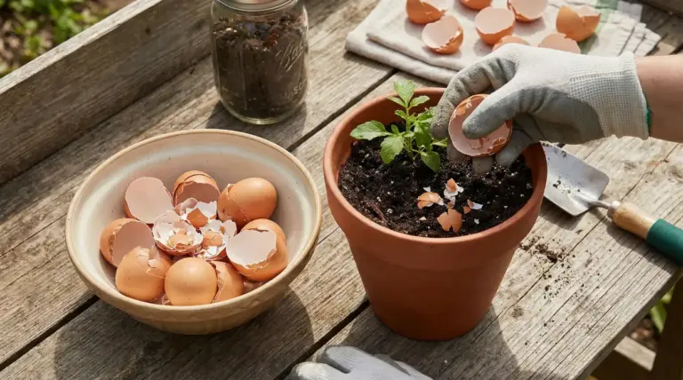 Mano con guanto aggiunge gusci d’uovo sminuzzati nel terriccio di un vaso con piantina su tavolo da giardinaggio