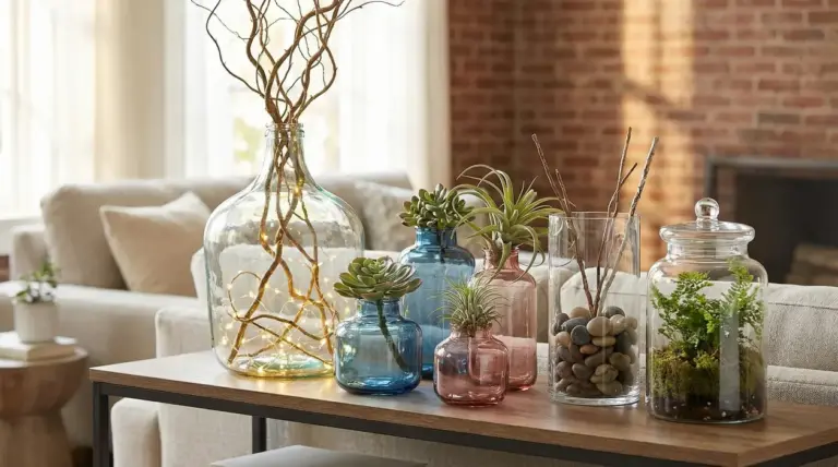 Vasi di vetro colorati con piante e decorazioni su un tavolino in salotto