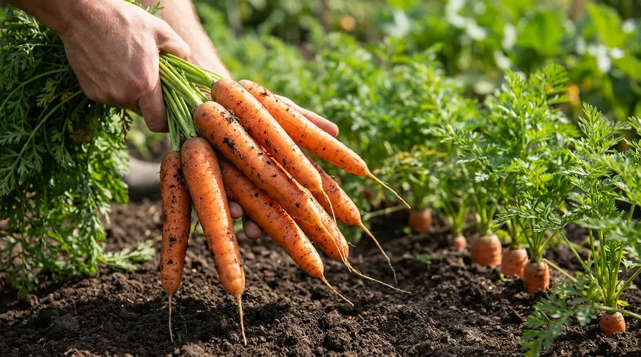 Mani che raccolgono carote appena estratte dall'orto, con terra sulle radici e foglie verdi