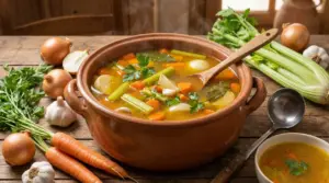 Brodo vegetale fatto in casa con carote, sedano, cipolle e prezzemolo in una pentola di terracotta