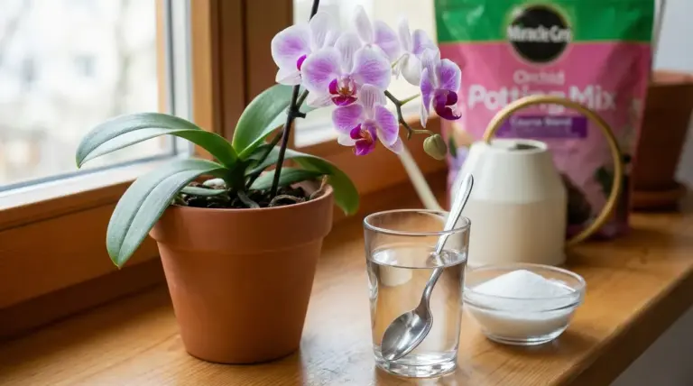 Orchidea in vaso vicino a un bicchiere d'acqua con cucchiaino e una ciotola di zucchero su davanzale