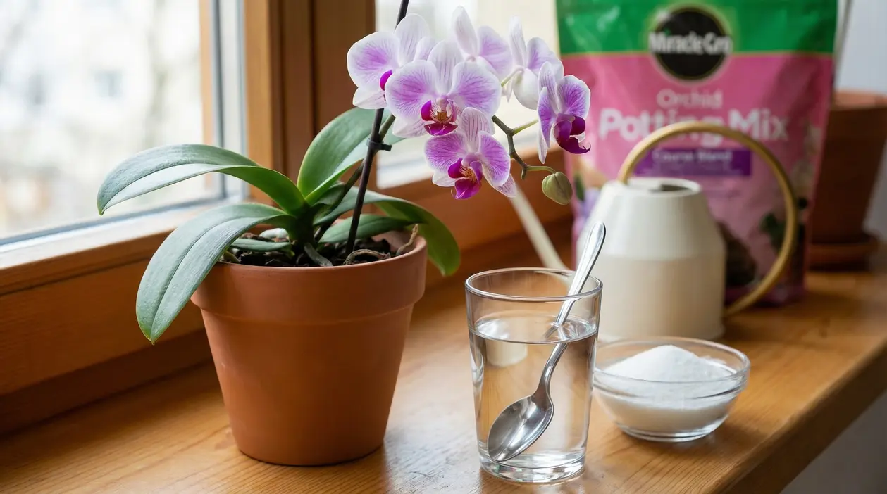 Orchidea in vaso vicino a un bicchiere d'acqua con cucchiaino e una ciotola di zucchero su davanzale