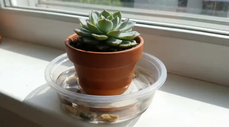 Pianta grassa in vaso di terracotta appoggiato in una vaschetta con acqua vicino a una finestra