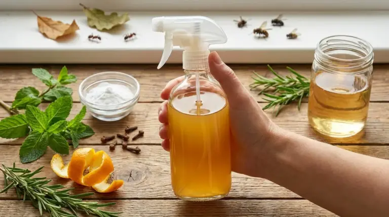 Mano che tiene uno spruzzino con insetticida naturale fai da te, con menta, rosmarino e bucce d’arancia sul tavolo