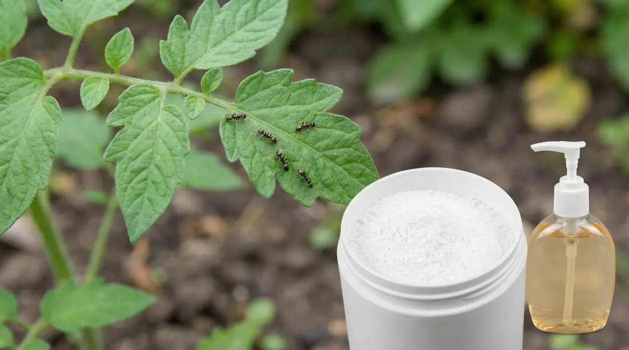 Formiche su una foglia in giardino accanto a un barattolo di polvere bianca e a un dispenser di sapone liquido