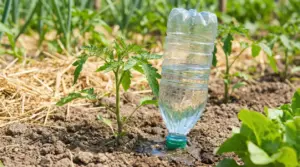 Sistema di irrigazione fai-da-te con bottiglia di plastica in un orto