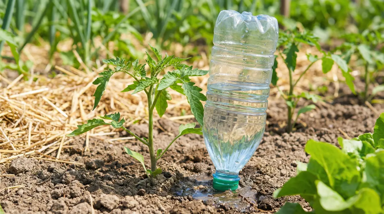 Sistema di irrigazione fai-da-te con bottiglia di plastica in un orto