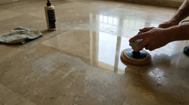 Mani che lucidano un pavimento in marmo opaco con una lucidatrice