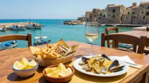 Piatti di pesce fresco con vista sul mare in un ristorante all'aperto in Italia