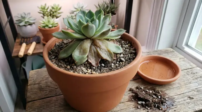Pianta grassa in vaso con foglie basse molli e scurite, segni di marciume da eccesso d’acqua vicino a una finestra