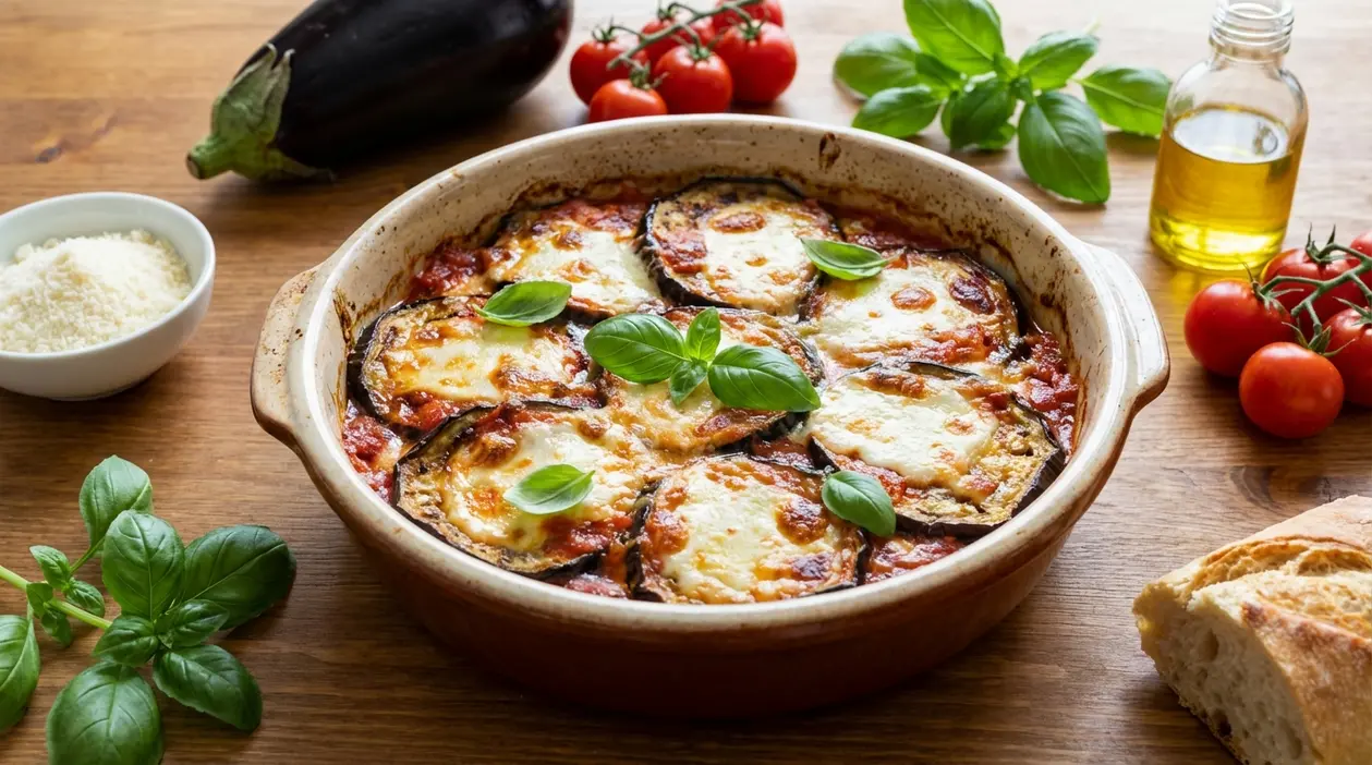 Melanzane alla parmigiana al forno in teglia con pomodoro, formaggio fuso e basilico su tavolo di legno