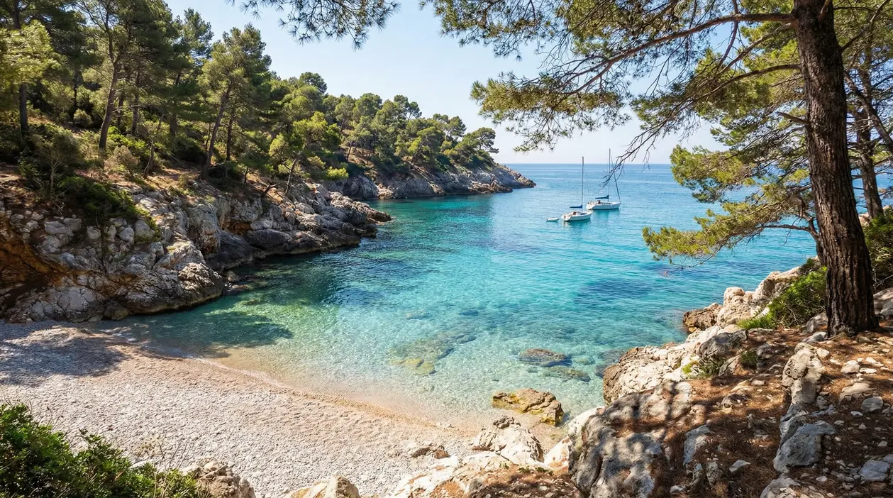 Piccola cala tranquilla con acqua cristallina, pini e barche a vela ancorate in lontananza
