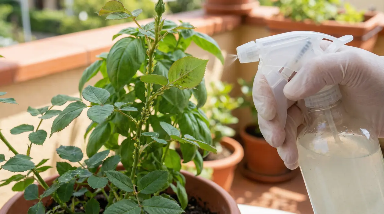 Mano con guanto che spruzza un rimedio naturale su una pianta in vaso sul balcone contro i pidocchi verdi