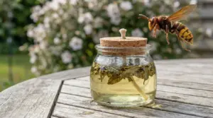 Calabrone vicino a un barattolo con liquido e erbe su tavolo da giardino, soluzione naturale per allontanarlo