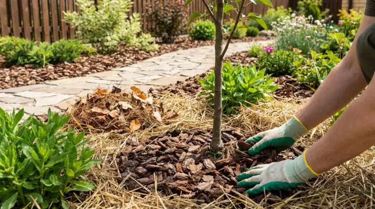 Persona che stende pacciame di corteccia e paglia attorno al tronco di un giovane albero in giardino