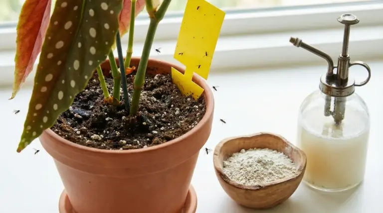 Pianta in vaso con trappola adesiva gialla e moscerini, accanto a spruzzino e polvere per rimedi naturali
