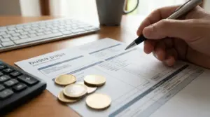 Una mano compila una busta paga su una scrivania con monete, tastiera e calcolatrice