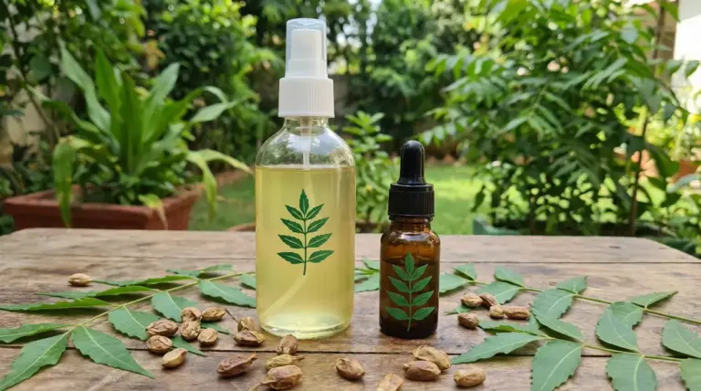 Flaconi di olio di neem su tavolo in legno con foglie e semi, sullo sfondo un giardino verde