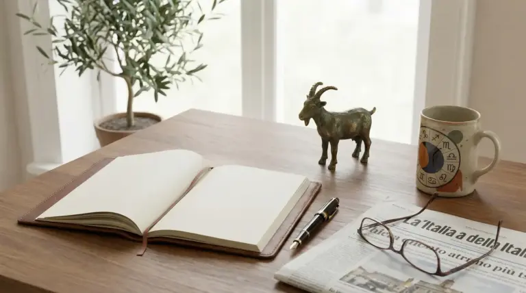 Scrivania con taccuino aperto, statuetta di capra, tazza con segni zodiacali e giornale
