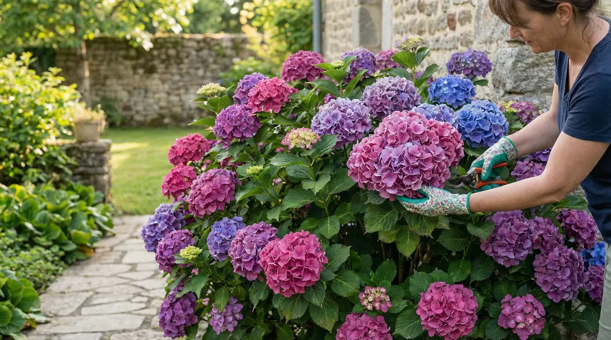 Persona che pota un grande cespuglio di ortensie rosa, viola e blu in giardino vicino a un muro in pietra
