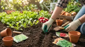 Mani con guanti che seminano nell’orto tra piantine di insalata e buste di semi, con attrezzi e vasetti