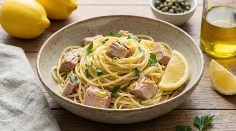 Piatto di spaghetti con tonno, limone e prezzemolo su tavolo di legno