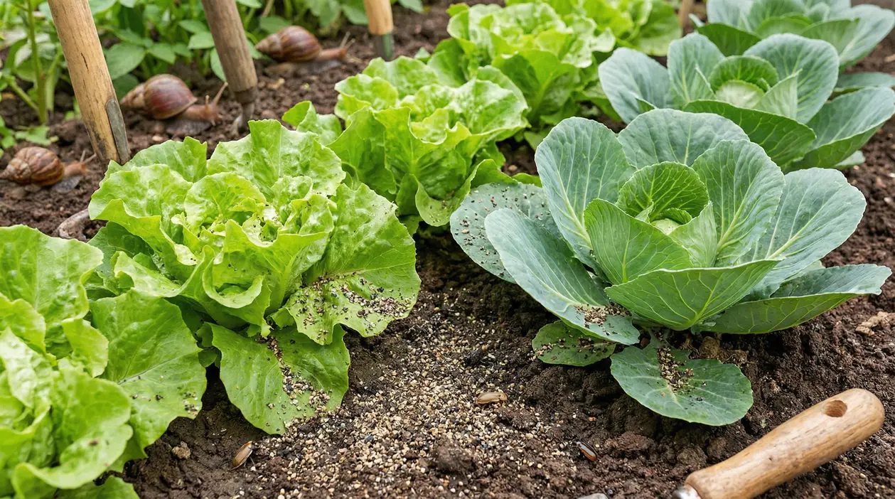 Orto con lattuga e cavoli cosparsi di pepe nero su terreno per allontanare lumache e insetti