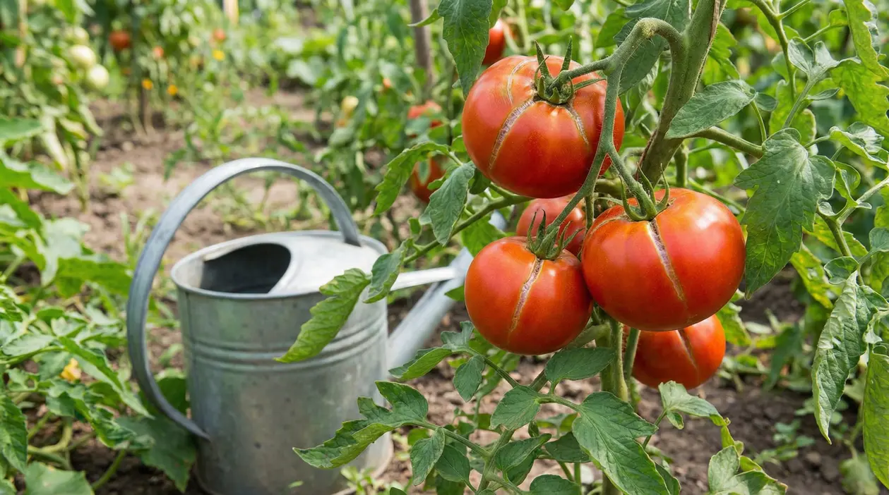 Pomodori maturi con spaccature sulla pianta nell’orto, con annaffiatoio sullo sfondo