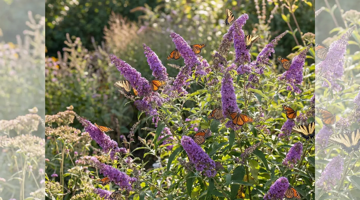 Farfalli posate su fiori viola in un giardino soleggiato