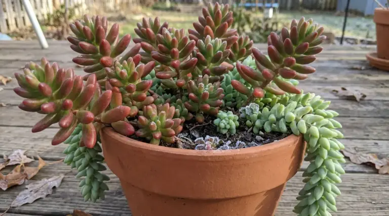 Vaso in terracotta con pianta grassa dai rami rossastri e succulente verdi, con brina invernale sul terriccio