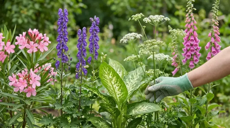 Mano con guanto da giardinaggio che indica fiori e piante ornamentali in aiuola, possibile presenza di specie velenose