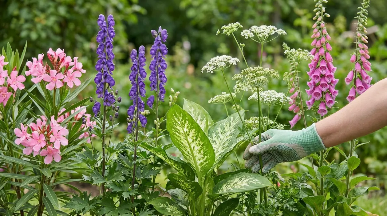 Mano con guanto da giardinaggio che indica fiori e piante ornamentali in aiuola, possibile presenza di specie velenose