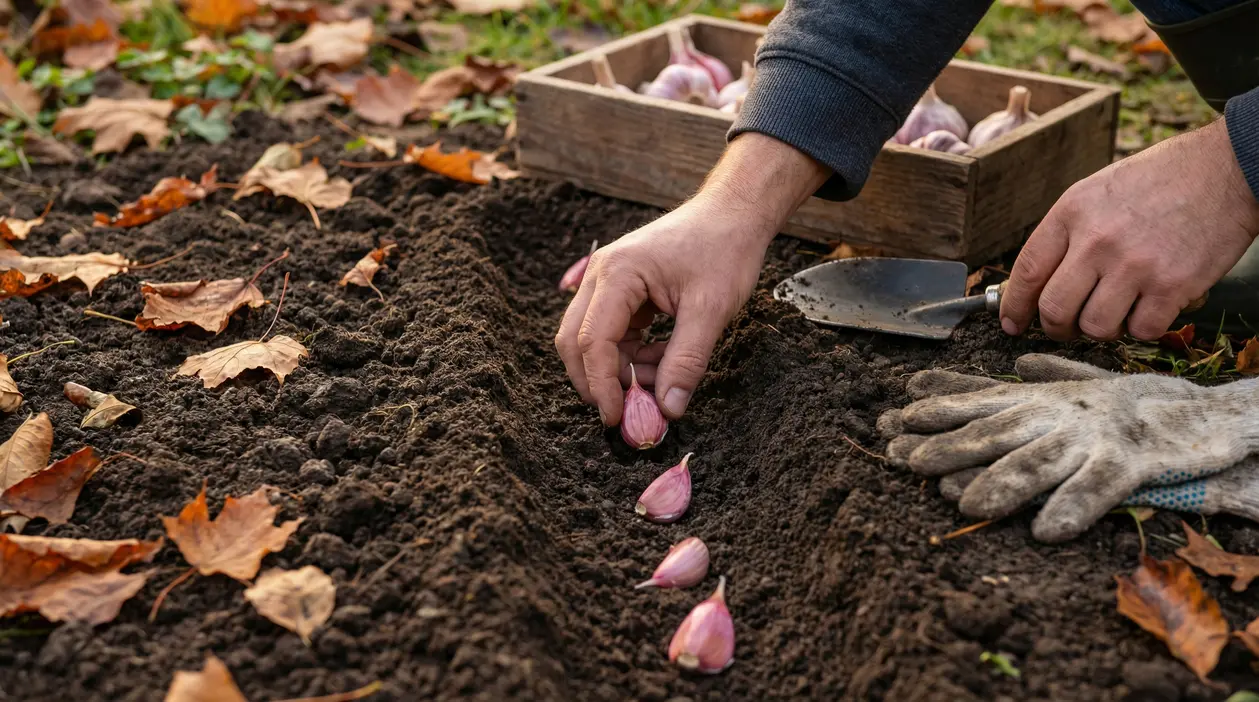 Mani che piantano spicchi d’aglio in un solco di terra durante l’autunno