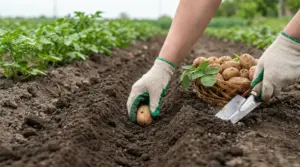 Persona che pianta patate in un campo con terreno arato