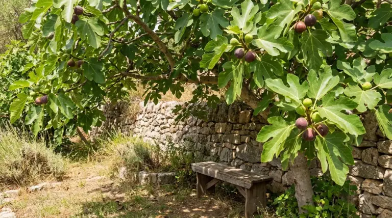 Albero di fico in giardino con fichi maturi e foglie verdi, accanto a un muretto in pietra e una panchina