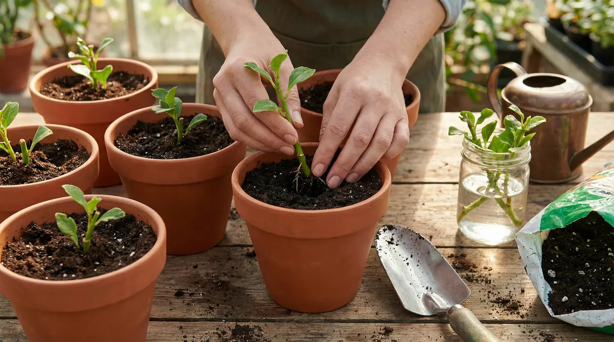 Mani che piantano una talea in un vaso di terracotta su un tavolo da giardinaggio