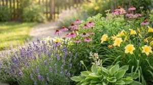 Aiuola con piante perenni: lavanda, echinacea rosa e fiori gialli in un giardino soleggiato