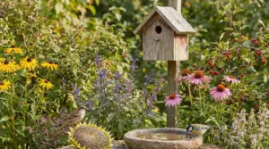 Casetta per uccelli e abbeveratoio in giardino tra fiori e bacche, con due uccellini che bevono e sostano