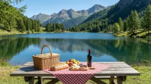 Tavolo da picnic con cibo affacciato su un lago alpino circondato da alberi e montagne in Lombardia