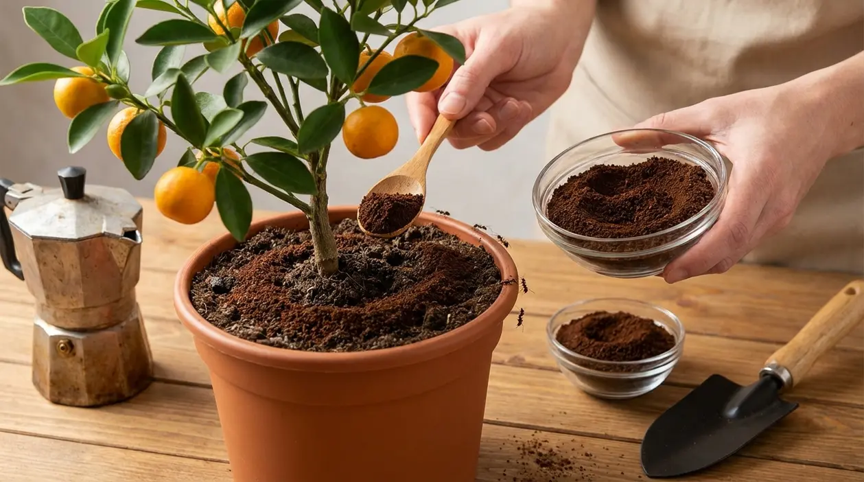 Persona sparge fondi di caffè sul terriccio di un vaso con pianta di agrumi per rinforzare il suolo e scoraggiare le formiche