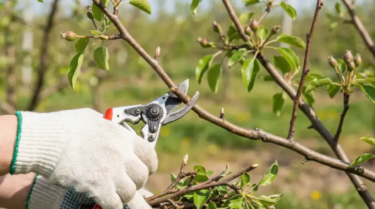 Mano con guanto che pota un ramo di albero da frutto con cesoie manuali in un frutteto