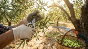 Mani con guanti che potano un ramo di ulivo con forbici, con olive verdi e cesta sullo sfondo