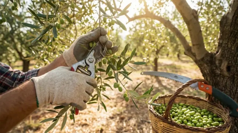 Mani con guanti che potano un ramo di ulivo con forbici, con olive verdi e cesta sullo sfondo