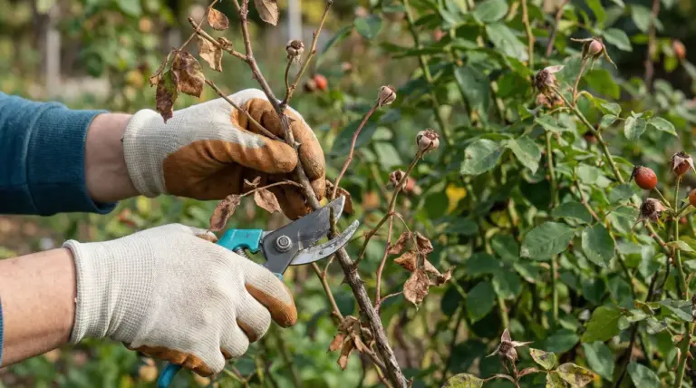 Mani con guanti da giardinaggio potano un ramo secco di rosa con cesoie