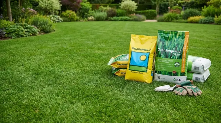 Sacchi di semi e concime per prato con attrezzi da giardinaggio su un prato verde in giardino