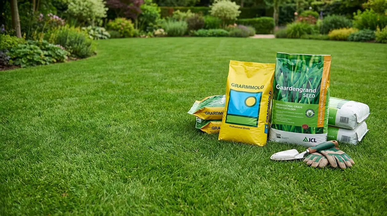 Sacchi di semi e concime per prato con attrezzi da giardinaggio su un prato verde in giardino